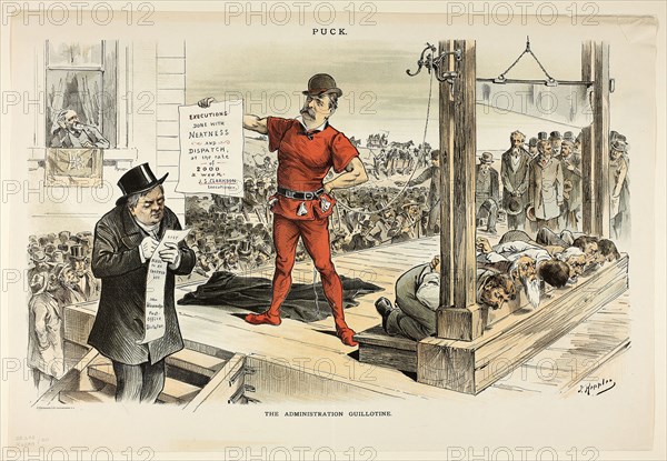 The Administration Guillotine, from Puck, n.d., Joseph Keppler, American, 1838-1894, United States, Color lithograph on newsprint, 290 x 470 mm (image), 343 x 500 mm (sheet)