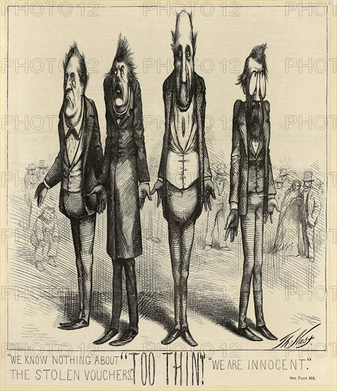 We Know Nothing about the Stolen Vouchers, 1871, Thomas Nast, American, 1840-1902, United States, Lithograph in black on newsprint, 278 x 238 mm (plate), 377 x 260 mm (sheet)