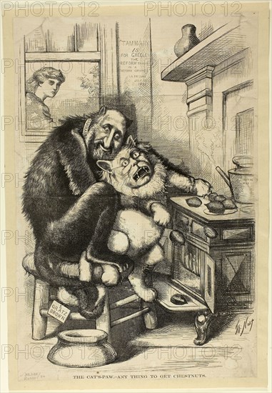 The Cat’s-Paw, Any Thing to Get Chestnuts, published July 18, 1892, Thomas Nast, American, 1840-1902, United States, Lithograph on newsprint, 358 x 247 mm (primary support), 378 x 258 mm (secondary support)