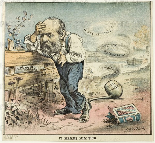 It Makes Him Sick, from Puck, published August 18, 1880, Joseph Keppler, American, 1638-1894, United States, Color lithograph on newsprint, 206 x 222 mm