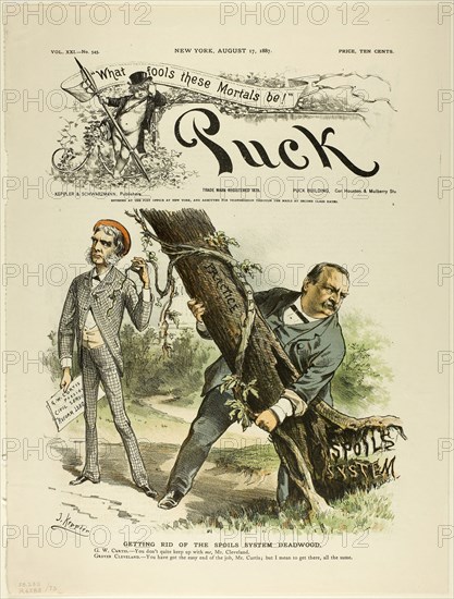 Getting Rid of the Spoils System Deadwood, from Puck, published August 17, 1887, Joseph Keppler, American, 1638-1894, United States, Color lithograph on newsprint, 355 x 270 mm
