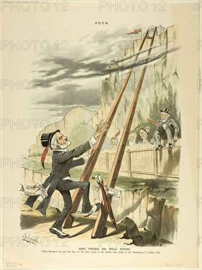 And There He Will Stick!, from Puck, published April 6, 1887, Louis Dalrymple, American, 1865-1905, United States, Color lithograph on newsprint, 353 x 262 mm