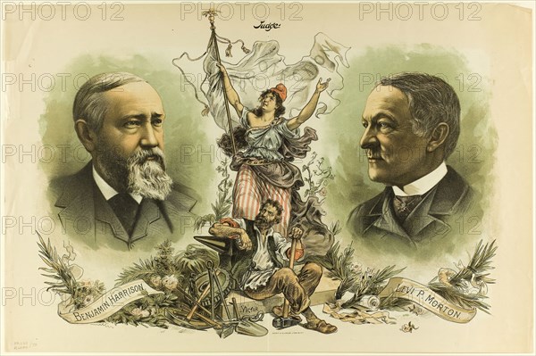 Victory Portraits of Benjamin Harrison and Levi P. Morton, from Judge, 1888, Unknown Artist, American, 19th century, United States, Color lithograph on newsprint, 347 x 525 mm, The Second Term Road Blocked, from Judge, 1884, Grant Hamilton, American, 19th century, United States, Color lithograph on newsprint, 263 x 345 mm
