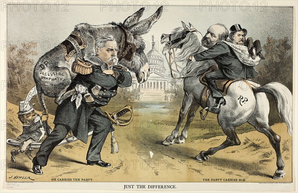 Just the Difference, from Puck, 1880, Joseph Keppler, American, 1838-1894, United States, Color lithograph on newsprint, 292 x 470 mm (image), 307 x 475 mm (sheet)