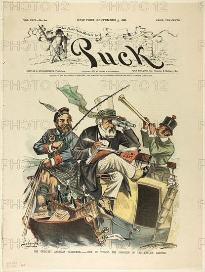 The Great American Statesman, Puck, published September 5, 1883, Louis Dalrymple, American, 1865-1905, United States, Color lithograph on newsprint, 353 x 267 mm, The Last Bather, from Puck, 1880, Joseph Keppler, American, 1638-1894, United States, Color lithograph on newsprint, 205 x 221 mm