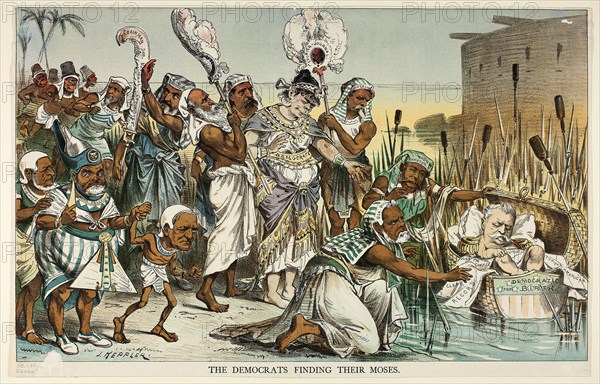 The Democrats Finding Their Moses, from Puck, n.d., Joseph Keppler, American, 1838-1894, United States, Color lithograph on newsprint, 290 x 470 mm (image), 305 x 475 mm (sheet)