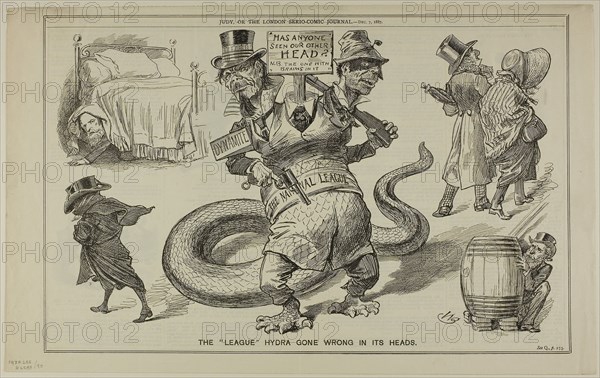 The ‘League’ Hydras Gone Wrong in Its Heads, from Judy, published December 7, 1887, W. B., probably English, 19th century, United States, Lithograph on newsprint, 278 x 447 mm