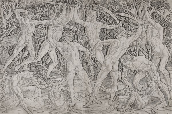 Battle of the Naked Men, 1470/75, Antonio Pollaiuolo, Italian, 1433-1498, Italy, Engraving in black on ivory laid paper, 404 x 589 mm