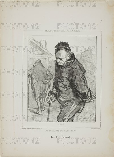 Les Invalides du Sentiment: Les deux Edmond, 1853, Paul Gavarni, French, 1804-1866, France, Lithograph in black on cream wove paper, 227 × 184.5 mm (image), 364 × 269 mm (sheet)