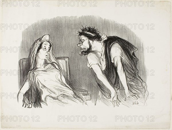 Oedipe., When my sword cut into his bleeding heart, You are trembling Madame, It was then that the world was falling apart, plate ten from Physionomies tragiques, 1851, Honoré Victorin Daumier, French, 1808-1879, France, Lithograph in black on white wove paper, 200 × 283 mm (image), 273 × 363 mm (sheet)