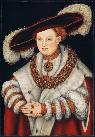 Portrait of Magdalena of Saxony, Wife of Elector Joachim II of Brandenburg, c. 1529, Lucas Cranach the Elder, German, 1472 (?)-1553, Germany, Oil on panel, 23 9/16 × 16 3/8 in. (59.8 × 41.6 cm)