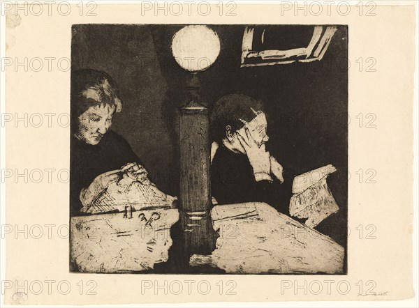 Under the Lamp, c. 1882, Mary Cassatt, American, 1844-1926, United States, Soft ground etching and aquatint in black on cream wove paper, 192 x 218 mm (image/plate), 237 x 321 mm (sheet)