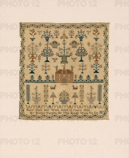Sampler, 1836, Mary S. Burr (American, b. 1825-1894), United States, North Carolina, Wilmington, North Carolina, Wool, plain weave, embroidered with silk in cross stitches, 33 x 30.8 cm (13 x 12 1/8 in.)