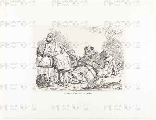 Muleteers of Tetuan, 1833, Eugène Delacroix, French, 1798-1863, France, Lithograph in black on light-gray chine, laid down on white wove paper, 197 × 275 mm (chine), 350 × 455 mm (sheet)