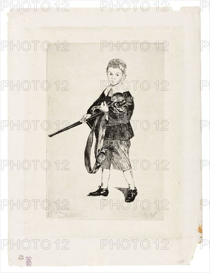 The Boy with a Sword, Turned to the Left III, 1862, Édouard Manet, French, 1832-1883, France, Etching, aquatint and drypoint, with roulette, in black on ivory laid paper, 262 × 174 mm (image), 317 × 237 mm (plate), 385 × 289 mm (sheet)