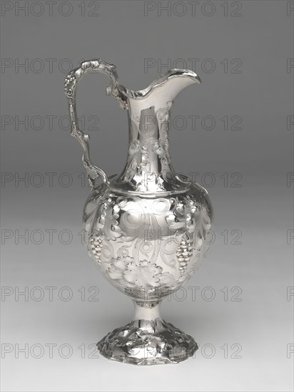 Pitcher, 1855/63, Cann and Dunn, American, 1855–1860, Retailed by John Cox and Co., American, active 1817–1863, New York, New York, Silver, 38.1 × 15.2 × 17.8 cm (15 1/4 × 6 1/2 × 7 1/2 in.);