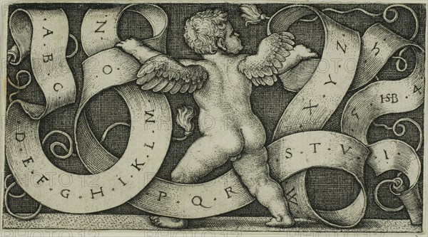 Genius with the Alphabet, 1542, Sebald Beham, German, 1500-1550, Germany, Engraving in black on ivory laid paper, 42 x 77 mm (image/plate), 43 x 78 mm (sheet)