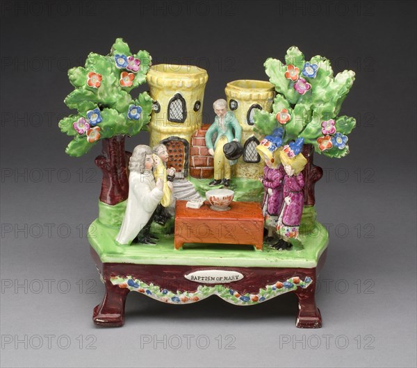 Chimney Ornament: Baptism of Mary, c. 1820, England, Staffordshire, Staffordshire, Glazed earthenware with polychrome enamel decoration, 21 x 22.9 x 12.7 cm (8 1/4 x 9 x 5 in.)