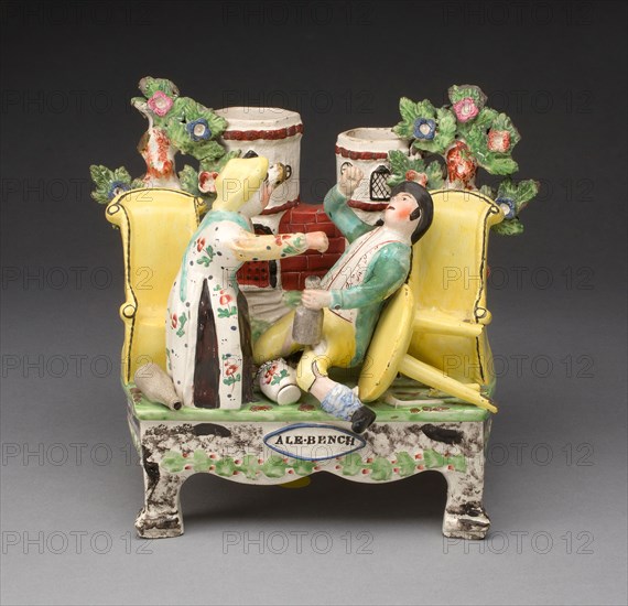 Chimney Ornament: Ale-Bench, c. 1820, England, Staffordshire, Staffordshire, Glazed earthenware with polychrome enamel decoration, 20.3 x 21.6 x 11.4 cm (8 x 8 1/2 x 4 1/2 in.)