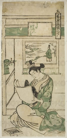 Poem by Fujiwara no Teika, from the series Yoshiwara Courtesans in the Three Evenings (Yoshiwara keisei sanseki), c. 1750, Okumura Masanobu, Japanese, 1686-1764, Japan, Color woodblock print, left sheet of hosoban triptych, benizuri-e, 28.8 x 13.5 cm (11 1/4 x 5 5/16 in.)