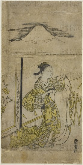 Woman Holding Kimono with Mt. Fuji above, c. 1740s, Nishimura Shigenaga, Japanese, 1697 (?)-1756, Japan, Hand-colored woodblock print, hosoban, sumizuri-e, 12 1/8 x 6 1/18 in.