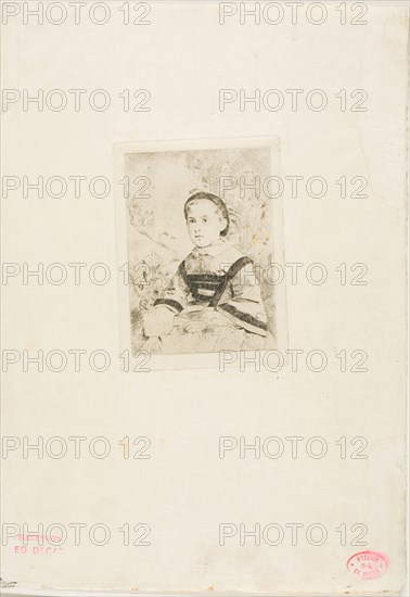 Mlle. N. Wolkonska, second plate, 1860–61, Edgar Degas, French, 1834-1917, France, Etching on cream Japanese paper, 107 × 77 mm (image), 120 × 88 mm (plate), 305 × 214 mm (sheet)
