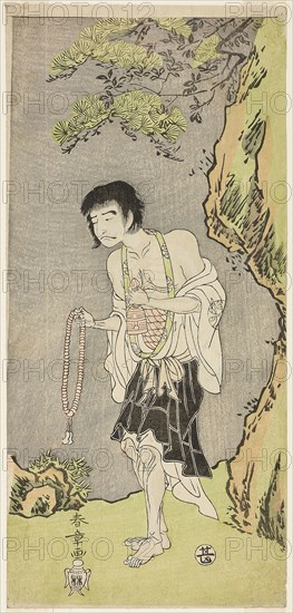 The Actor Nakamura Nakazo I as a Monk, Raigo Ajari, in the Play Nue no Mori Ichiyo no Mato (Forest of the Nue Monster: Target of the Eleventh Month), Performed at the Nakamura Theater from the First Day of the Eleventh Month, 1770, c. 1770, Katsukawa Shunsho ?? ??, Japanese, 1726-1792, Publisher: Maruya Jimpachi, Japan, Color woodblock print, hosoban, 32.3 x 15.2 cm (12 11/16 x 6 in.)