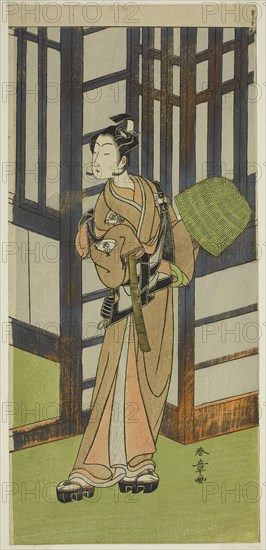 The Actor Onoe Tamizo I as Kewaizaka no Shosho Disguised as a Komuso in the Play Furisode Kisaragi Soga, Performed at the Ichimura Theater in the Second Month, 1772, c. 1772, Katsukawa Shunsho ?? ??, Japanese, 1726-1792, Japan, Color woodblock print, hosoban, 31.7 x 14.6 cm (12 1/2 x 5 3/4 in.)