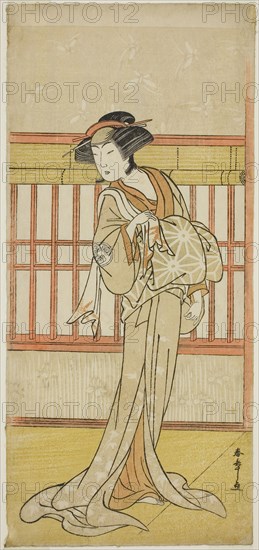 The Actor Osagawa Tsuneyo II as the Courtesan Miyagino (?) in the Play Go Taiheiki Shiraishi-banashi (?), Performed at the Morita Theater in the Fourth Month, 1780 (?), c. 1780, Katsukawa Shunsho ?? ??, Japanese, 1726-1792, Japan, Color woodblock print, hosoban, 33 x 15.2 cm (13 x 6 in.)