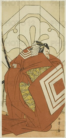 The Actor Ichikawa Danjuro V in a Shibaraku Role, Probably as Kato Hyoeisa Shigemitsu, in the Third Scene of the Play Masakado Kammuri no Hatsuyuki (The First Snow on Taira no Masakado’s Court Headdress), Performed at the Nakamura Theater in the Eleventh Month, 1777, c. 1777, Katsukawa Shunsho ?? ??, Japanese, 1726-1792, Japan, Color woodblock print, hosoban, 29 × 13.4 cm (11 7/16 × 5 1/4 in.)