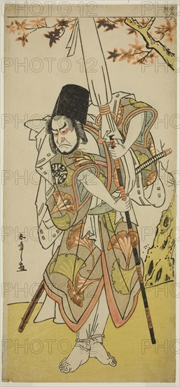 The Actor Nakamura Nakazo I as Katsuhei, Servant of a Princely Family, in the Play Uta Kurabe Tosei Moyo, Performed at the Morita Theater in the Eleventh Month, 1779, c. 1779, Katsukawa Shunsho ?? ??, Japanese, 1726-1792, Japan, Color woodblock print, hosoban, from a multisheet composition, 32.8 x 15 cm (12 15/16 x 5 7/8 in.)