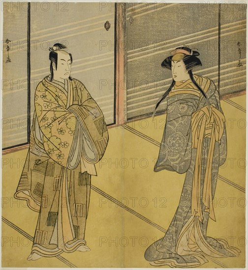 The Actors Segawa Kikunojo III as the Spirit of Joro-gumo (Harlot Spider) Disguised as the Maiko Tsumagiku (right), and Ichikawa Monnosuke II as Urabe no Suetake (left), in the Play Shitenno Tonoi no Kisewata, Performed at the Nakamura Theater in the Eleventh Month, 1781, c. 1781, Katsukawa Shunsho ?? ??, Japanese, 1726-1792, Japan, Color woodblock print, hosoban, diptych, 30.9 x 14.1 cm (12 3/16 x 5 9/16 in.)