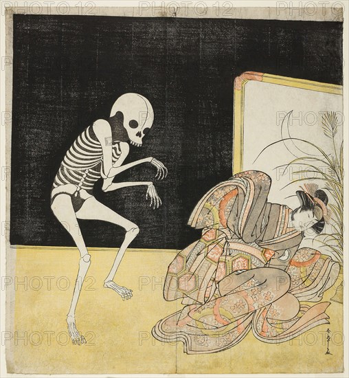 The actors Ichikawa Danjuro V as a skeleton, spirit of the renegade monk Seigen (left), and Iwai Hanshiro IV as Princess Sakura (right), in the joruri Sono Omokage Matsu ni Sakura (Vestiges of Pine and Cherry), from part two of the play Edo no Hana Mimasu Soga (Flower of Edo: An Ichikawa Soga), performed at the Nakamura Theater from the first day of the second month, 1783, 1783, Katsukawa Shunsho ?? ??, Japanese, 1726-1792, Japan, Color woodblock print, hosoban diptych, Right: 32.9 x 15 cm (12 15/16 x 5 7/8 in.), left: 32.9 x 15.2 cm (12 15/16 x 6 in.)