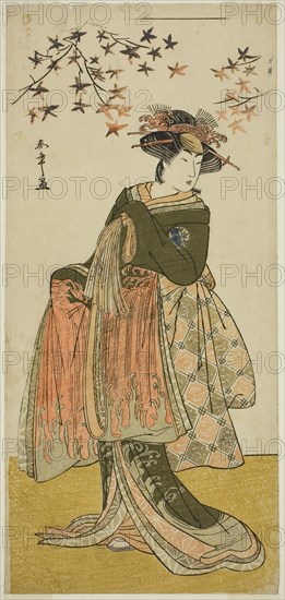 The Actor Nakayama Tomisaburo I as the Geisha Yukino (or Oyuki?) in the Play Kabuki no Hana Bandai Soga, Performed at the Ichimura Theater in the Fourth Month, 1781, c. 1781, Katsukawa Shunsho ?? ??, Japanese, 1726-1792, Japan, Color woodblock print, hosoban, 32.3 x 14.8 cm (12 11/16 x 5 13/16 in.)
