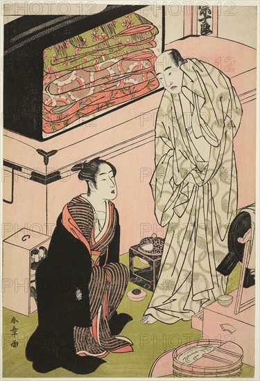 The Actor Sawamura Sojuro III (right), in His Dressing Room in Conversation with the Actor Segawa Kikunojo III (left), c. 1780/83, Katsukawa Shunsho ?? ??, Japanese, 1726-1792, Japan, Color woodblock print, oban, 36 x 24.6 cm (14 3/16 x 9 11/16 in.)