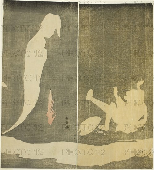 Man Falling Backward, Startled by a Woman’s Ghost over a River, c. 1782, Katsukawa Shunsho ?? ??, Japanese, 1726-1792, Japan, Color woodblock print, hosoban diptych, Right: 31.5 x 14.2 cm (12 3/8 x 5 9/16 in.), left: 31.7 x 14.2 cm (12 1/2 x 5 9/16 in.)