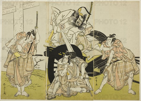 The Actors Nakajima Mihoemon II as Fujiwara no Shihei, Minister of the Left (center, in the carriage), Ichikawa Ebizo III as Matsuo-maru (center, kneeling on the ground), Ichikawa Yaozo II as Sakura-maru (right), and Ichimura Uzaemon IX as Umeo-maru (left), in the Carriage Stopping (Kuruma-biki) Scene from the Play Sugawara Denju Tenarai Kagami (Sugawara’s Secrets of Calligraphy), Performed at the Ichimura Theater from the Sixteenth Day of the Seventh Month, 1776, c. 1776, Katsukawa Shunsho ?? ??, Japanese, 1726-1792, Japan, Color woodblock print, hosoban triptych, 31.2 x 14.4 cm (12 5/16 x 5 11/16 in.) (right), 31.2 x 14.7 cm (12 5/16 x 5 3/4 in.) (center), 31.2 x 14.2 cm (12 5/16 x 5 9/16 in.) (left)