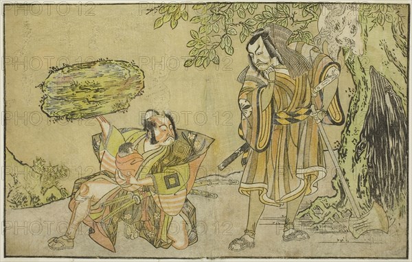 The Actors Matsumoto Koshiro II as Osada no Taro Kagemune Disguised as the Woodcutter Gankutsu no Gorozo (right), and Ichikawa Danzo III as I no Hayata Tadazumi (left), in the Play Nue no Mori Ichiyo no Mato, Performed at the Nakamura Theater in the Eleventh Month, 1770, c. 1772, Katsukawa Shunsho ?? ??, Japanese, 1726-1792, Japan, Color woodblock print, from the illustrated book Yakusha Kuni no Hana (Prominent Actors of Japan), 17.6 x 27.7 cm (6 15/16 x 10 7/8 in.)