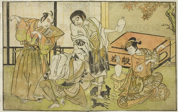 The Actors Iwai Hanshiro IV as Otatsu-gitsune, Nakamura Nakazo I as Raigo Ajari, Sakata Tojuro III as Kamada Gon-no-kami Masayori, and Ichikawa Yaozo II as Sakon-gitsune (right to left), in the play Nue no Mori Ichiyo no Mato, performed at the Nakamura Theater in the eleventh month, 1770, c. 1772, Katsukawa Shunsho ?? ??, Japanese, 1726-1792, Japan, Color woodblock print, page from the illustrated book "Yakusha Kuni no Hana