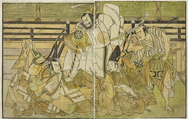 The Actors Nakamura Denkuro II as Seno-o Taro, Ichikawa Komazo II as Yorimasa, Nakamura Nakazo I as Taira no Kiyomori, and Ichikawa Danjuro V as Kiou Takiguchi (right to left), in the Play Nue no Mori Ichiyo no Mato, Performed at the Nakamura Theater in the Eleventh Month, 1770, c. 1772, Katsukawa Shunsho ?? ??, Japanese, 1726-1792, Japan, Color woodblock print, from the illustrated book Yakusha Kuni no Hana (Prominent Actors of Japan), 17.6 x 27.7 cm (6 15/16 x 10 7/8 in.)