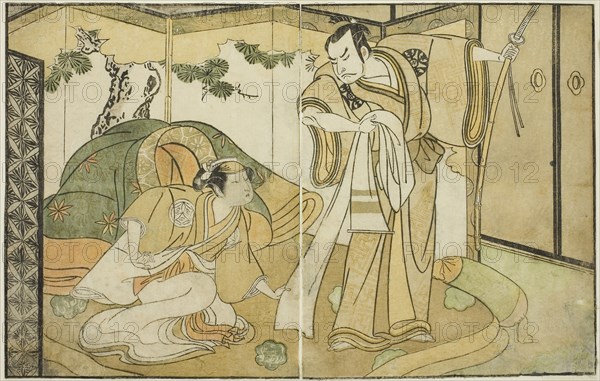 The Actors Nakamura Nakazo I as Taira no Kiyomori (right), and Yamashita Kinsaku II as Tokiwa Gozen (left), in the Play Nue no Mori Ichiyo no Mato, Performed at the Nakamura Theater in the Eleventh Month, 1770, c. 1772, Katsukawa Shunsho ?? ??, Japanese, 1726-1792, Japan, Color woodblock print, from the illustrated book Yakusha Kuni no Hana (Prominent Actors of Japan), 17.4 x 27.7 cm (6 7/8 x 10 7/8 in.)