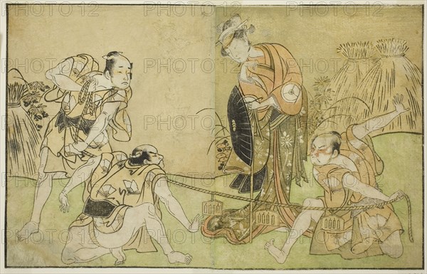 The Actors Bando Zenji I as Nagahashi Saburo, Iwai Hanshiro IV as Otatsu-gitsune, Nakamura Konozo as Hagai Ujitsune, and an Unidentified Actor (right to left), in the Play Nue no Mori Ichiyo no Mato, Performed at the Nakamura Theater in the Eleventh Month, 1770, c. 1772, Katsukawa Shunsho ?? ??, Japanese, 1726-1792, Japan, Color woodblock print, from the illustrated book Yakusha Kuni no Hana (Prominent Actors of Japan), 17.6 x 27.7 cm (6 15/16 x 10 7/8 in.)