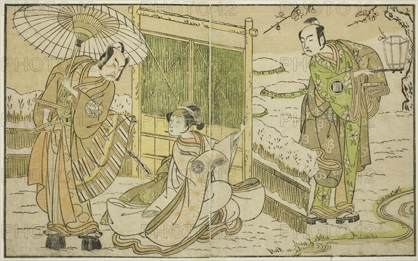 The Actors Arashi Sangoro II as Minamoto no Yoritomo (right), Segawa Kikunojo II as Yuki Onna (center), and Ichimura Uzaemon IX as Kajiwara Genta no Kagetoki, in the Play Myoto-giku Izu no Kisewata, Performed at the Ichimura Theater in the Eleventh Month, 1770, c. 1772, Katsukawa Shunsho ?? ??, Japanese, 1726-1792, Japan, Color woodblock print, from the illustrated book Yakusha Kuni no Hana (Prominent Actors of Japan), 17.2 x 28.1 cm (6 3/4 x 11 1/16 in.)
