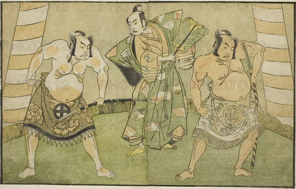 The Actors Nakamura Sukegoro II as Matano no Goro (right), Onoe Kikugoro I as Soga no Taro (center), and Otani Hiroji III as Kawazu no Saburo (left), in the Play Myoto-giku Izu no Kisewata, Performed at the Ichimura Theater in the Eleventh Month, 1770, c. 1772, Katsukawa Shunsho ?? ??, Japanese, 1726-1792, Japan, Color woodblock print, from the illustrated book Yakusha Kuni no Hana (Prominent Actors of Japan), 17.5 x 27.8 cm (6 7/8 x 10 15/16 in.)