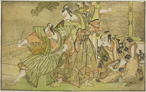 The Actors Ichikawa Komazo II as Minamoto no Yorimasa (right), Matsumoto Koshiro II as Osada no Taro Kagemune Disguised as Yatsurugi Zaemon (center), and Ichikawa Danzo III as I no Hayata Tadazumi (left), In the Play Nue no Mori Ichiyo no Mato, Performed at the Nakamura Theater in the Eleventh Month, 1770, c. 1772, Katsukawa Shunsho ?? ??, Japanese, 1726-1792, Japan, Color woodblock print, from the illustrated book Yakusha Kuni no Hana (Prominent Actors of Japan), 17.3 x 27.7 cm (6 13/16 x 10 7/8 in.)