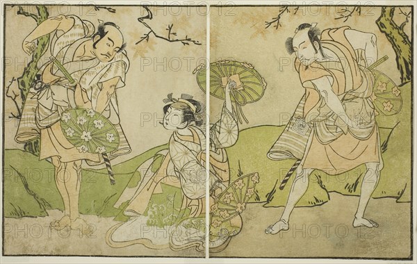 The Actors Ichikawa Somegoro (right), Segawa Kikunojo II (center), and Bando Sampachi (left), in Unidentified Roles in the Play Myoto-giku Izu no Kisewata, Performed at the Ichimura Theater in the Eleventh Month, 1770, c. 1772, Katsukawa Shunsho ?? ??, Japanese, 1726-1792, Japan, Color woodblock print, from the illustrated book Yakusha Kuni no Hana (Prominent Actors of Japan), 17.4 x 27.8 cm (6 7/8 x 10 15/16 in.)