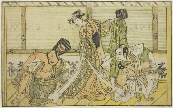 The Actors Otani Hiroji III as Kawazu no Saburo (right), Segawa Kikunojo II as Princess Tatsu (Tatsu Hime) (center), and Nakamura Sukegoro II as Matano no Goro (left), in the Play Myoto-giku Izu no Kisewata, Performed at the Ichimura Theater in the Eleventh Month, 1770, c. 1772, Katsukawa Shunsho ?? ??, Japanese, 1726-1792, Japan, Color woodblock print, from the illustrated book Yakusha Kuni no Hana (Prominent Actors of Japan), 17.1 x 27.7 cm (6 3/4 x 10 7/8 in.)