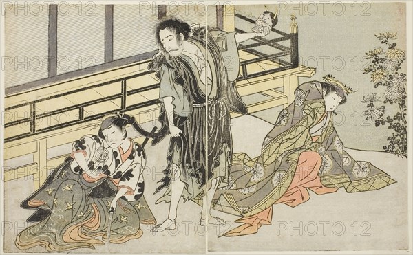 The Actors Nakamura Noshio I as Nyosan no Miya (right), Ichikawa Danjuro V as the Renegade Monk Yochin (center), and Yamashita Kinsaku II as the Maid Mutsuhana (left), in the Play Fuki Kaete Tsuki mo Yoshiwara, Performed at the Morita Theater in the Eleventh Month, 1771, c. 1772, Katsukawa Shunsho ?? ??, Japanese, 1726-1792, Japan, Color woodblock print, from the illustrated book Yakusha Kuni no Hana (Prominent Actors of Japan), 16.8 x 27.3 cm (6 5/8 x 10 3/4 in.)