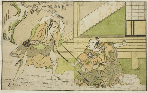 The Actors Arashi Sangoro II as Hojo Tokiyori (right), and Otani Hiroji III as Koga Saburo (left), in the Play Kono Hana Yotsugi no Hachi no Ki, Performed at the Ichimura Theater in the Eleventh Month, 1771, c. 1772, Katsukawa Shunsho ?? ??, Japanese, 1726-1792, Japan, Color woodblock print, from the illustrated book Yakusha Kuni no Hana (Prominent Actors of Japan), 17.3 x 27.9 cm (6 13/16 x 11 in.)