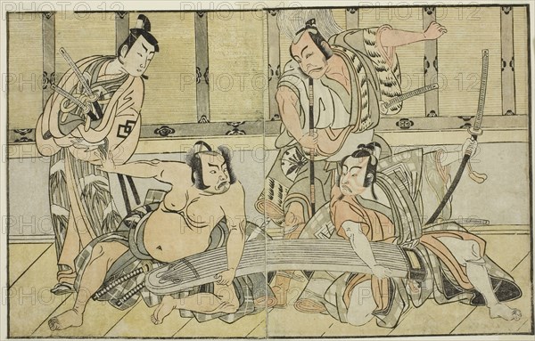 The Actors Ichikawa Yaozo II as Kujaku no Saburo, Matsumoto Koshiro II as Hata no Daizen Taketora, Nakajima Mihoemon II as Aramaki Mimishiro, and Nakamura Shocho I as Ki no Tsurayuki (right to left), in the Play Kuni no Hana Ono no Itsumoji, Performed at the Nakamura Theater in the Eleventh Month, 1771, c. 1772, Katsukawa Shunsho ?? ??, Japanese, 1726-1792, Japan, Color woodblock print, from the illustrated book Yakusha Kuni no Hana (Prominent Actors of Japan), 17.2 x 27.2 cm (6 3/4 x 10 11/16 in.)